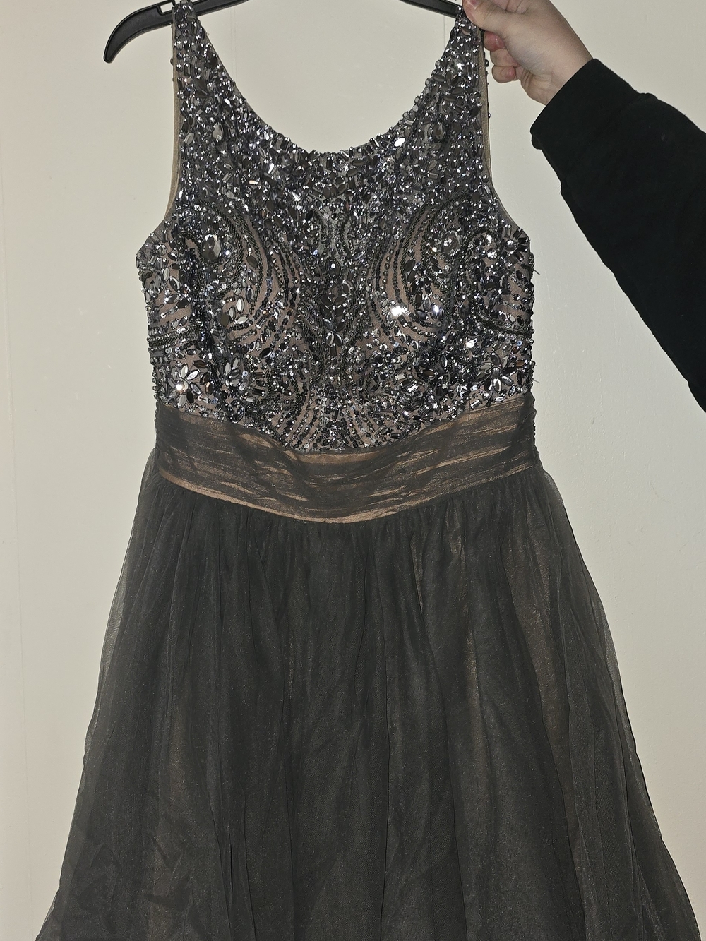 Sherri Hill Grey and Nude Beaded A-Line Prom Dress